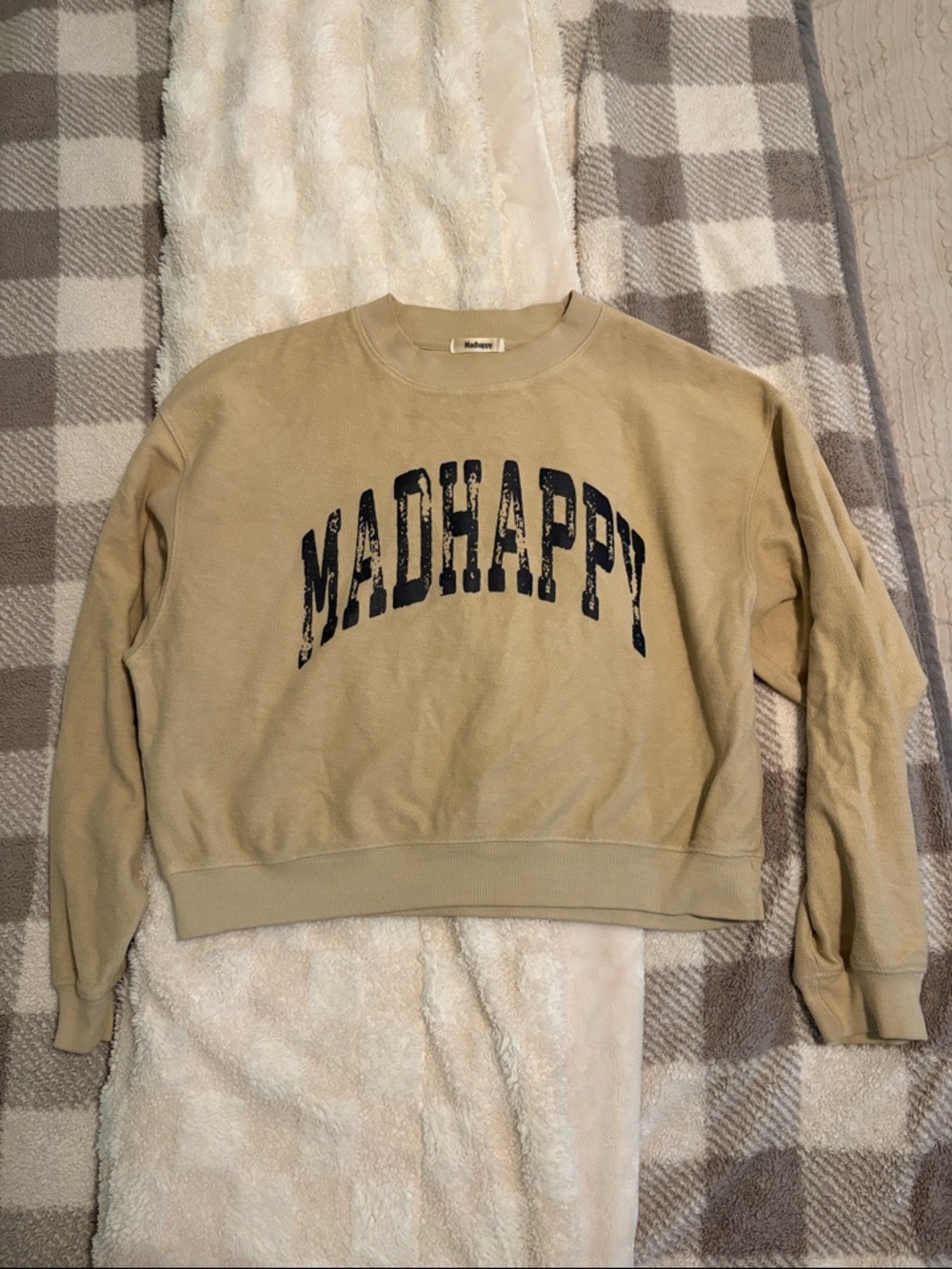Madhappy Tan Crewneck Sweatshirt with Distressed Black Logo
